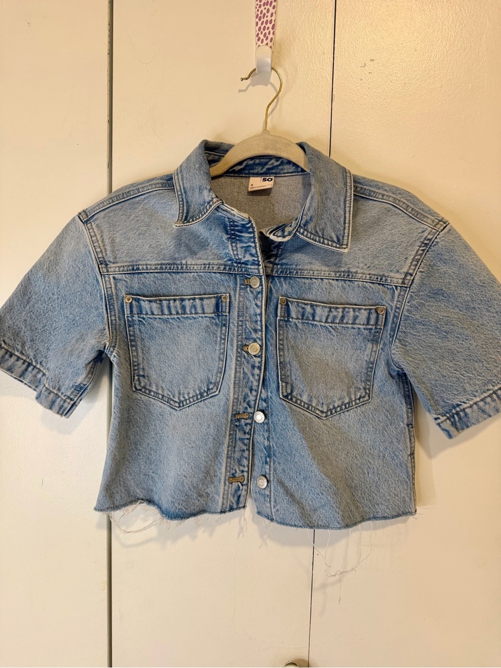 SO Light Blue Cropped Denim Button-Down Shirt